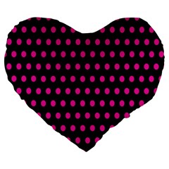 Pink Black Polka Dots Large 19  Premium Heart Shape Cushions