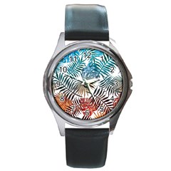 Gradient tropical leaves Round Metal Watch