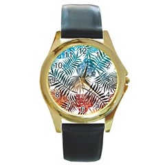 Gradient tropical leaves Round Gold Metal Watch