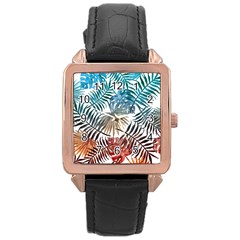 Gradient tropical leaves Rose Gold Leather Watch 