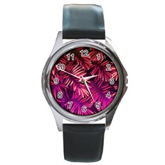 Pink tropical leaves Round Metal Watch