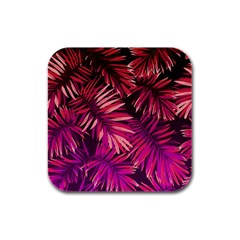 Pink tropical leaves Rubber Square Coaster (4 pack) 