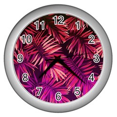 Pink tropical leaves Wall Clock (Silver)