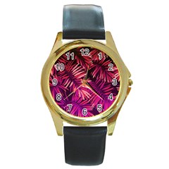 Pink tropical leaves Round Gold Metal Watch