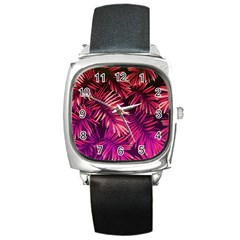 Pink tropical leaves Square Metal Watch