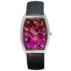 Pink tropical leaves Barrel Style Metal Watch