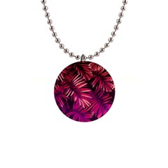 Pink tropical leaves 1  Button Necklace