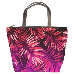 Pink tropical leaves Bucket Bag