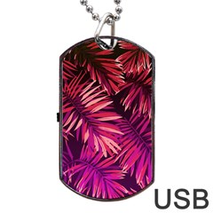 Pink tropical leaves Dog Tag USB Flash (One Side)