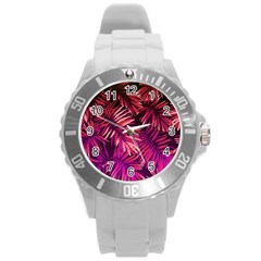 Pink tropical leaves Round Plastic Sport Watch (L)