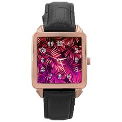 Pink tropical leaves Rose Gold Leather Watch 