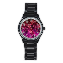 Pink tropical leaves Stainless Steel Round Watch