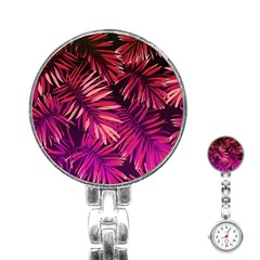 Pink tropical leaves Stainless Steel Nurses Watch