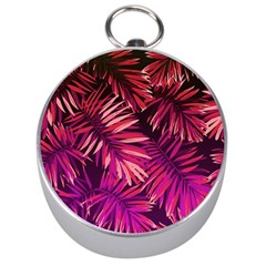 Pink tropical leaves Silver Compasses