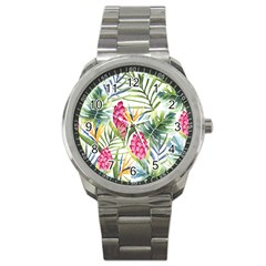 Tropical leaves and flowers Sport Metal Watch