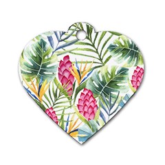 Tropical leaves and flowers Dog Tag Heart (One Side)