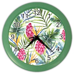 Tropical leaves and flowers Color Wall Clock