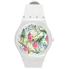 Tropical leaves and flowers Round Plastic Sport Watch (M)