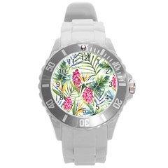 Tropical leaves and flowers Round Plastic Sport Watch (L)