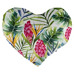 Tropical leaves and flowers Large 19  Premium Heart Shape Cushions