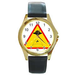 Sign Road Road Sign Traffic Round Gold Metal Watch by Wegoenart