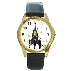 Spacecraft Star Emoticon Travel Round Gold Metal Watch by Wegoenart