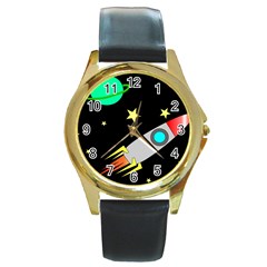 Planet Rocket Space Stars Round Gold Metal Watch by Wegoenart