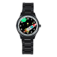 Planet Rocket Space Stars Stainless Steel Round Watch by Wegoenart