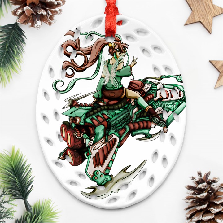 Furry Rocket Spaceship Fairy Oval Filigree Ornament (Two Sides)