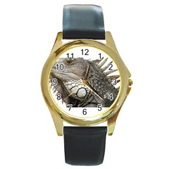 Iguana Portrait Profile Close Up Round Gold Metal Watch