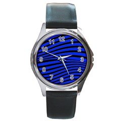 Black And Blue Linear Abstract Print Round Metal Watch by dflcprintsclothing