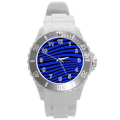 Black And Blue Linear Abstract Print Round Plastic Sport Watch (l) by dflcprintsclothing