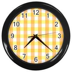 Gingham Duo Orange On Yellow Wall Clock (black) by retrotoomoderndesigns