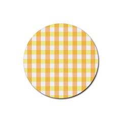 Gingham Duo Orange On Yellow Rubber Round Coaster (4 Pack)  by retrotoomoderndesigns