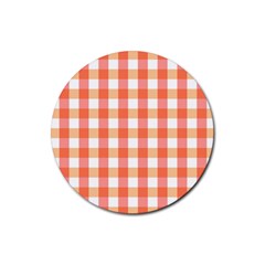 Gingham Duo Red On Orange Rubber Round Coaster (4 Pack)  by retrotoomoderndesigns