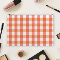 Gingham Duo Red On Orange Cosmetic Bag (large) by retrotoomoderndesigns