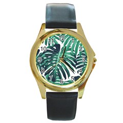 Green Monstera leaves Round Gold Metal Watch