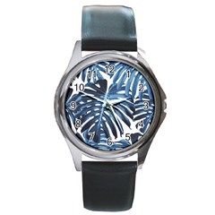 Blue monstera leaves Round Metal Watch