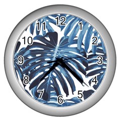 Blue monstera leaves Wall Clock (Silver)