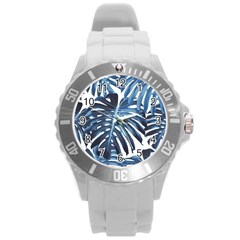 Blue monstera leaves Round Plastic Sport Watch (L)