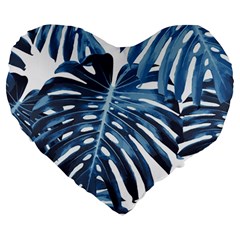 Blue monstera leaves Large 19  Premium Heart Shape Cushions