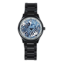 Blue monstera leaves Stainless Steel Round Watch