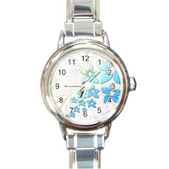 Flowers Background Leaf Leaves Blue Round Italian Charm Watch by Mariart