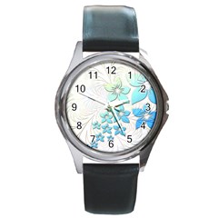 Flowers Background Leaf Leaves Blue Round Metal Watch by Mariart