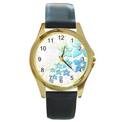 Flowers Background Leaf Leaves Blue Round Gold Metal Watch by Mariart