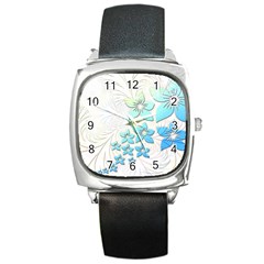 Flowers Background Leaf Leaves Blue Square Metal Watch by Mariart