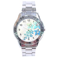 Flowers Background Leaf Leaves Blue Stainless Steel Analogue Watch by Mariart