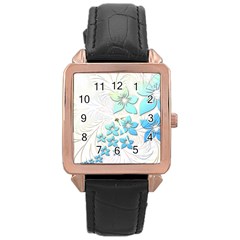 Flowers Background Leaf Leaves Blue Rose Gold Leather Watch  by Mariart