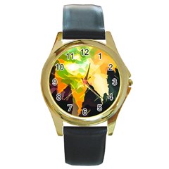 Forest Trees Nature Wood Green Round Gold Metal Watch