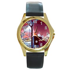 Post Office Mail Mailbox Night Round Gold Metal Watch